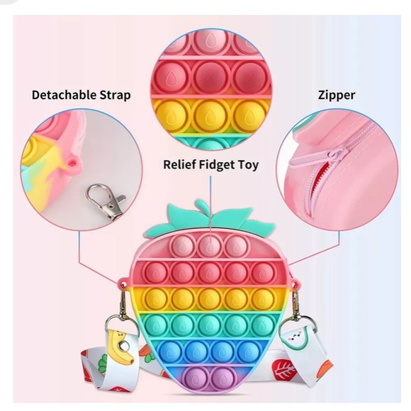 Silicone Rainbow Strawberry Fruit Popper Pop It Fidget Crossbody Bag Purse - Picture 11 of 15